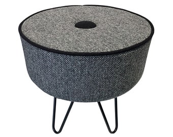 Harris Tweed Grey Herringbone Footstool with Black Steel Hairpin Legs