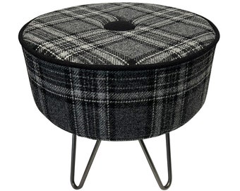 Harris Tweed Grey Tartan Footstool with Black Trim & Steel Hairpin Legs