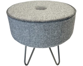 Harris Tweed Grey Marl Footstool with Smoky Grey Trim & Steel Hairpin Legs