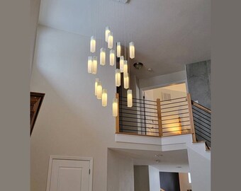 Fused Glass Staircase Chandelier: Wrinkled White Pendant Light