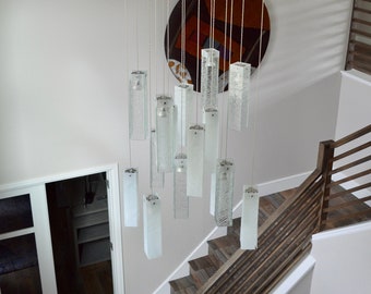 Fused Glass Pendant Chandelier: Wrinkled Clear & White Lighting