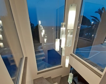 Fused Glass Pendant Chandelier: Wrinkled Clear & White Foyer Lighting