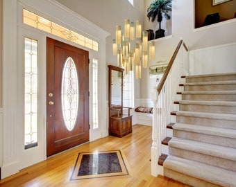 Fused Glass Pendant Chandelier: Wrinkled Clear & White Entryway Lighting