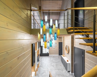 Multicolor Fused Glass Pendant Chandelier: Customizable Staircase Lighting