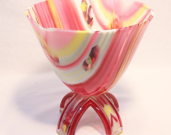 Fused Glass Onfoot Dropout Vessel. Pink, Yellow, White and French