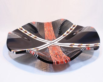 Fused Glass Bowl. Large Black, Red, & Yellow Centerpiece (18.5")