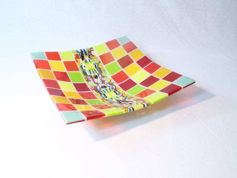 Deep Plate in YellowRedGreen colors Multicolored fused glass 11.8 bowl Pattern bars and on-edge construction