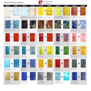May include: A chart displaying 30 distinct glass colours and textures for use in stained glass art. Each colour is labelled with a name, colour description, and texture description. The chart is arranged in rows of five, with each row representing a different light condition, either light on or light off.