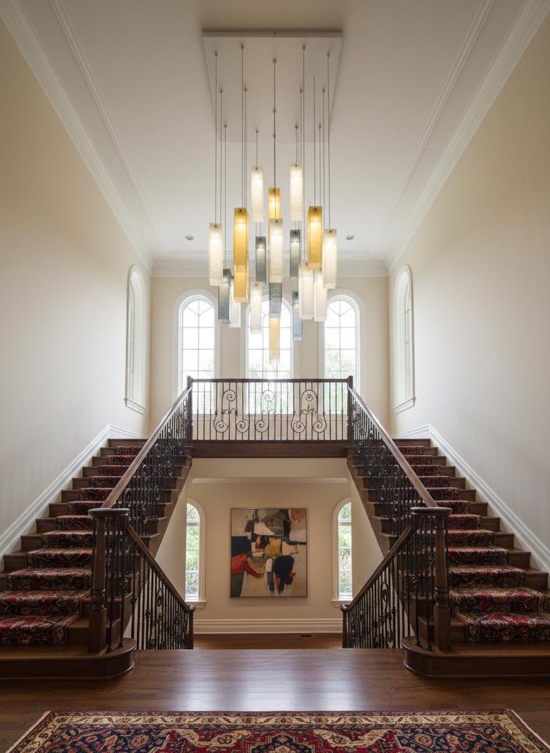 Staircase Chandelier Art Glass Lighting: Gold, Gray & White - Etsy