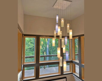 Fused Glass Pendant Chandelier: Blue, White, Clear Foyer Lighting