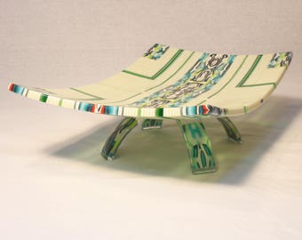 Fused glass on foot big plate. Pattern bars and reactions of turquoise and french vanilla. FREE EXPEDITED SHIPPING