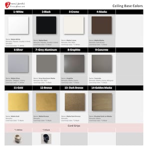 May include: Chart displaying 14 different ceiling base colours with names and descriptions. The colours include white, black, cream, brown, silver, grey aluminium, graphite, concrete, gold, bronze, and dark bronze. The chart also includes information about the cord grip colour for each colour.