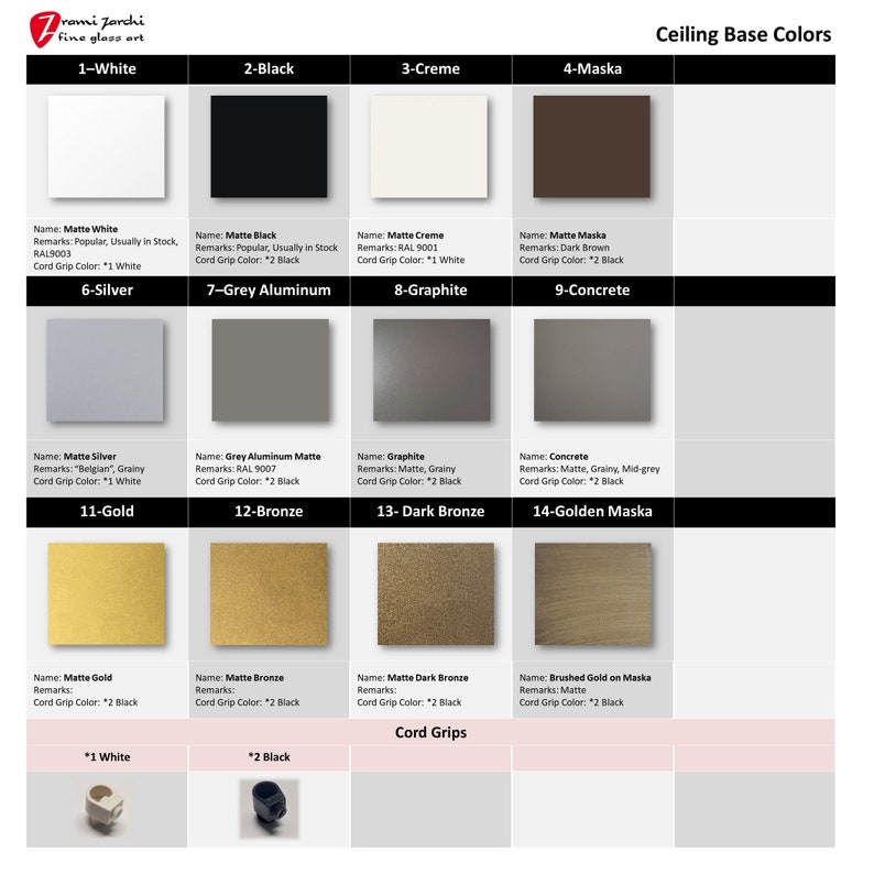 May include: Chart displaying 14 different ceiling base colours with names and descriptions. The colours include white, black, cream, brown, silver, grey aluminium, graphite, concrete, gold, bronze, and dark bronze. The chart also includes information about the cord grip colour for each colour.