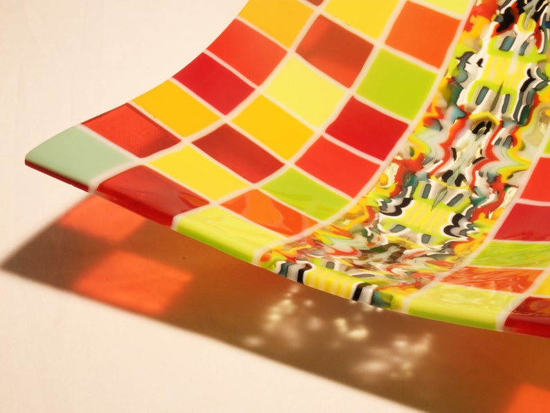 Deep Plate in YellowRedGreen colors Multicolored fused glass 11.8 bowl Pattern bars and on-edge construction