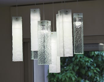 Fused glass pendant lights in wrinkled clear and white. Chandelier Lighting, pendant lighting, staircase lights. FREE SHIPPING