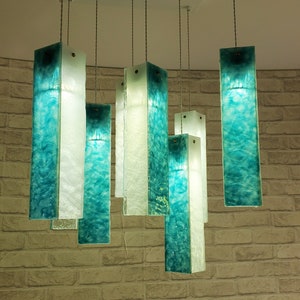 Dining room pendant lights in cloudy turquoise and wrinkled white. Chandelier Lighting, pendant lighting, staircase lights. FREE SHIPPING