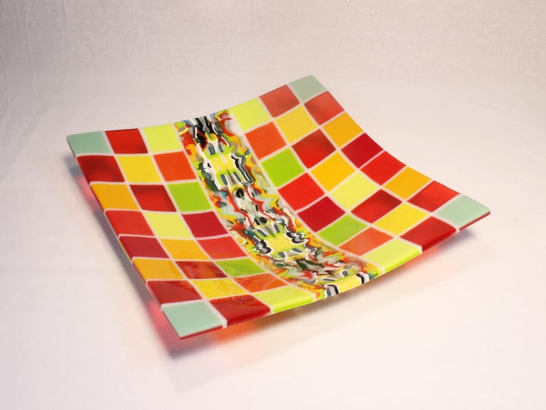 Deep Plate in YellowRedGreen colors Multicolored fused glass 11.8 bowl Pattern bars and on-edge construction