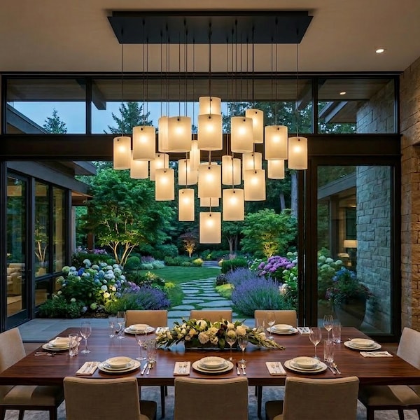 Chandelier with multiple shell shaped art glass pendant lights. Model name: SHELL