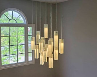 Fused Glass Pendant Chandelier: Wrinkled White & Clear Foyer Lighting