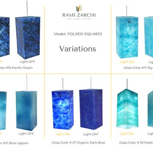 K&ouml;nnte beinhalten: Sechs Variationen einer Glaspendelleuchte mit einem gefalteten quadratischen Design. Die Leuchten sind mit Licht an und aus dargestellt und zeigen die verschiedenen Glasfarben: Pazifik, Himmelblau, Blaue Lagune, Organisches Dunkelblau und Maledivenwellen.