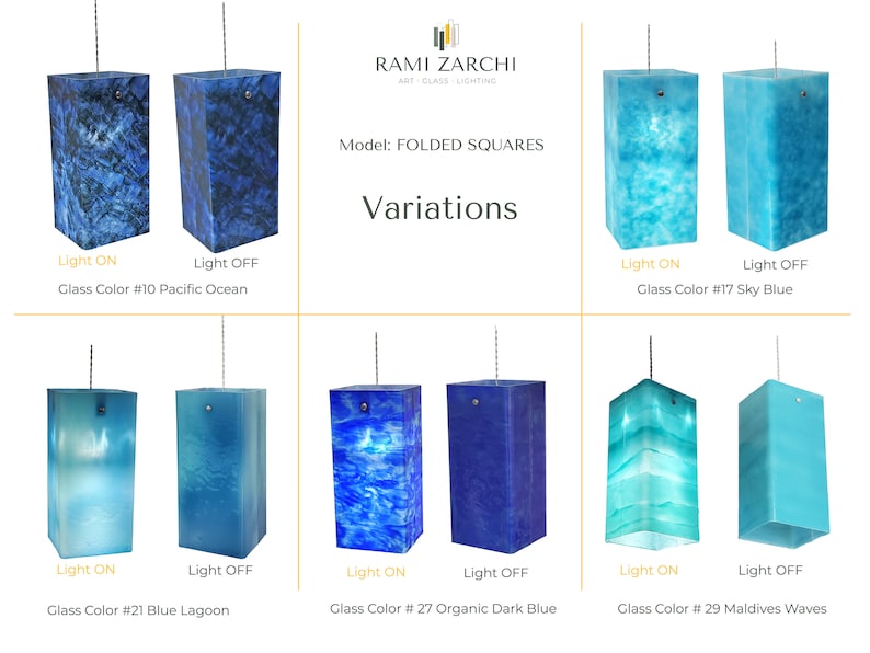 K&ouml;nnte beinhalten: Sechs Variationen einer Glaspendelleuchte mit einem gefalteten quadratischen Design. Die Leuchten sind mit Licht an und aus dargestellt und zeigen die verschiedenen Glasfarben: Pazifik, Himmelblau, Blaue Lagune, Organisches Dunkelblau und Maledivenwellen.