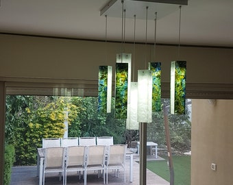 Fused Glass Pendant Light: "Deep Ocean" Blue-Green Chandelier Lighting