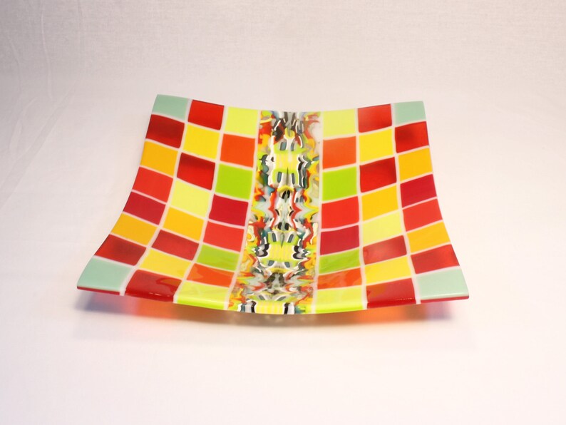 Deep Plate in YellowRedGreen colors Multicolored fused glass 11.8 bowl Pattern bars and on-edge construction