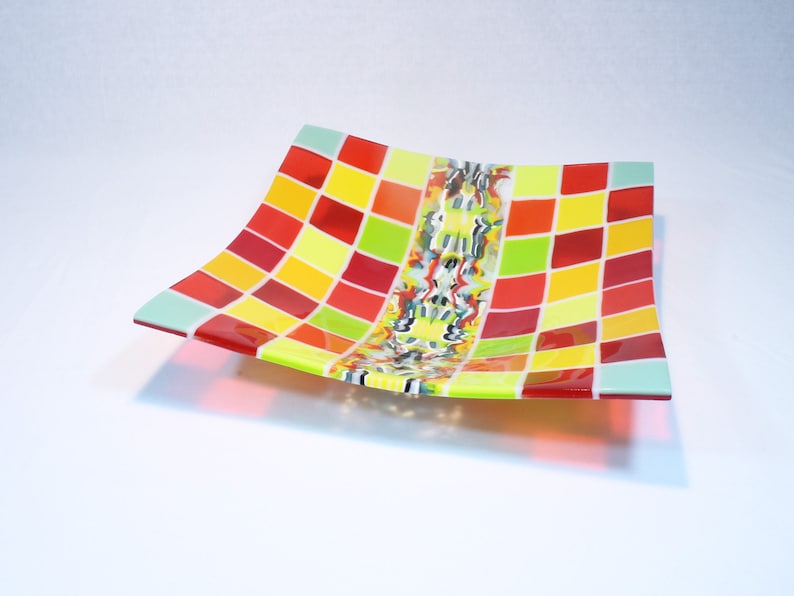 Deep Plate in YellowRedGreen colors Multicolored fused glass 11.8 bowl Pattern bars and on-edge construction