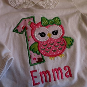 Puede incluir: Camiseta blanca de manga larga con una aplicaci&oacute;n de b&uacute;ho rosa y verde y el n&uacute;mero 1. El nombre "Emma" est&aacute; bordado en rosa debajo del b&uacute;ho.