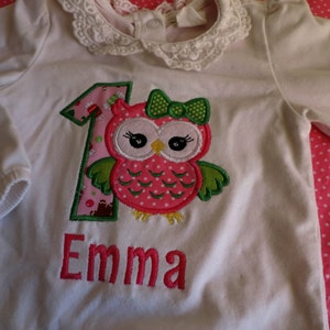 Puede incluir: Camiseta blanca de manga larga con una aplicaci&oacute;n de b&uacute;ho rosa y verde, el n&uacute;mero 1 y el nombre "Emma" bordado en rosa.