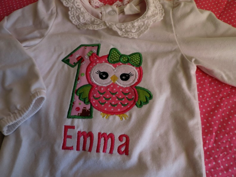 Puede incluir: Camiseta blanca de manga larga con una aplicaci&oacute;n de b&uacute;ho rosa y verde, el n&uacute;mero 1 y el nombre "Emma" bordado en rosa.