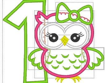 Owl Embroidery design, Owl Embroidery Applique, 1st birthday embroidery design, Owl 1st Birthday, Cute Girl Owl machine embroidery