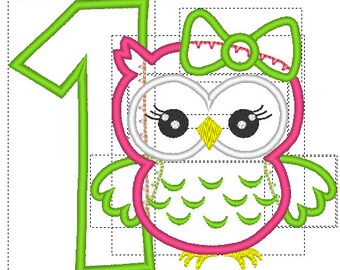 Design de bordado de coruja, aplique de bordado de coruja, design de bordado de primeiro aniversário, primeiro aniversário de coruja, bordado de máquina de coruja de menina bonita