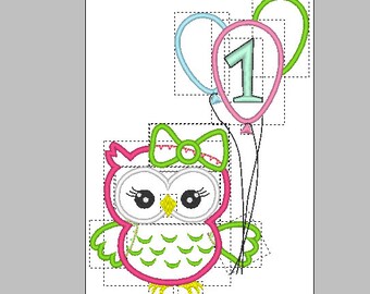 Diseño de bordado de 1er cumpleaños, Owl 1er cumpleaños, diseño de bordado de búho, Aplicación de bordado de búho, Bordado a máquina de Cute Girl Owl