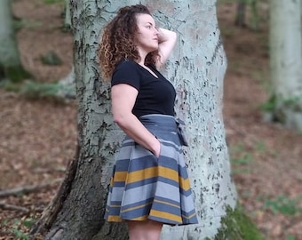 mini wrap skirt, organic cotton, grey and mustard, coolawoola