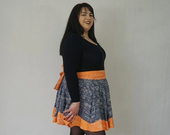 navy and orange short wrap skirt organic cotton upcycled
