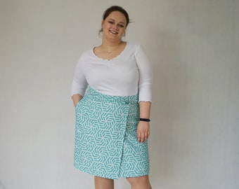 turquoise geometric wrap pencil skirt upcycled plus size