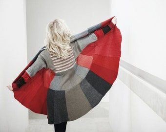 Red and Grey Long Sweater Upcycled Wool Natural Fashion by Coolawoola Woolen Coat