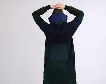 Dark Green Pure Wool Coolawoola Recycled Smart Handmade Womens Long Coat Hoodie Cloak