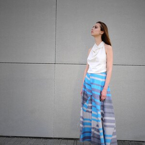 wrap skirt, upcycled organic cotton, stripes grey and blue