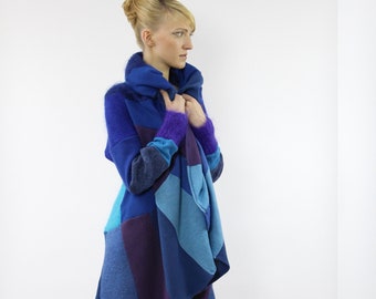 blue butterfly upcycled cardigan, two sides multiwear coolawoola, vivid recycled cape