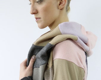 beige hooded upcycled cardigan, pink pure wool coolawoola, soft cashmere multiwear