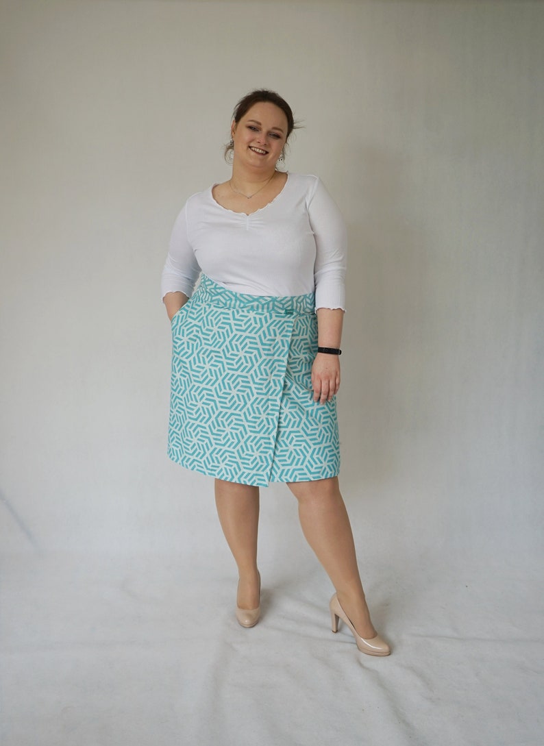 turquoise geometric wrap pencil skirt upcycled plus size image 1