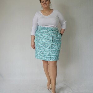 turquoise geometric wrap pencil skirt upcycled plus size image 2