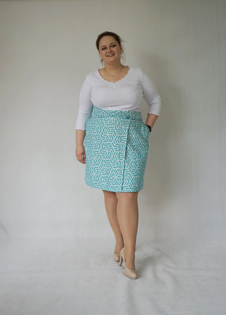 turquoise geometric wrap pencil skirt upcycled plus size image 2