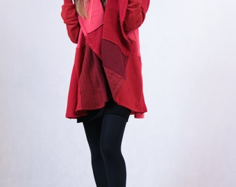 Red Pink Upcycled Wool Coat Handmade Custom Made Coat Hot Coolawoola Cardigan Woman Red Wool Coat For WOman Upcycled Clothing Woolen Sweater