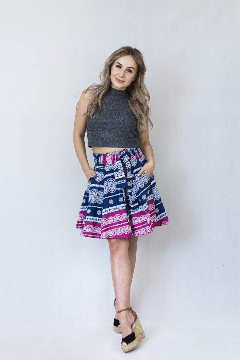 mini wrap skirt, dark blue and magenta, organic cotton image 5