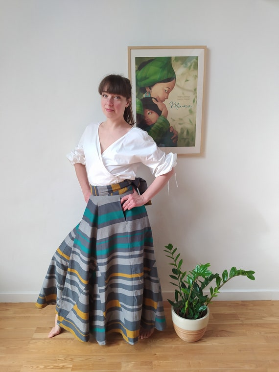 Emerald Boho Floor Length Wrap Skirt, Gray Certificate Cotton Maxi 