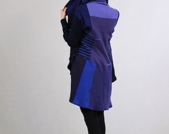 Violet Navy Blue Womens Pure Wool Coolawoola Coat Original Handmade Multiwear Hoodie Cloak