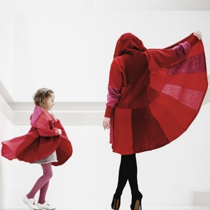 Red Cloak for mum and daughter Burgundy Pure Cashmere Coat sustainable Coolawoola Multiwear Upcycled Hoodie Cloak